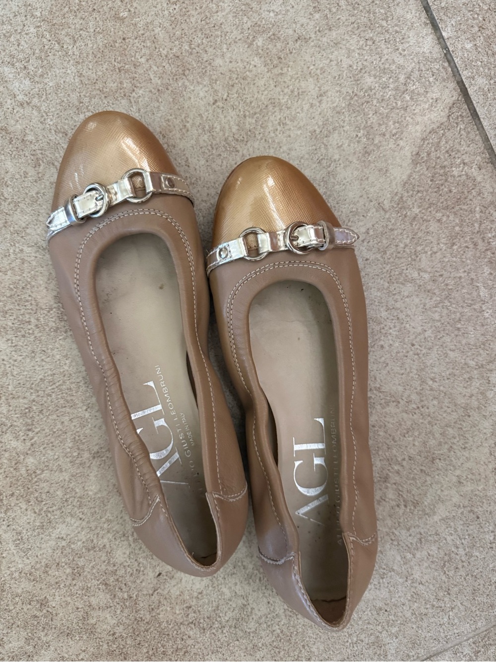 AGL Tan Ballet Flats with Silver Buckle and Metallic Toe